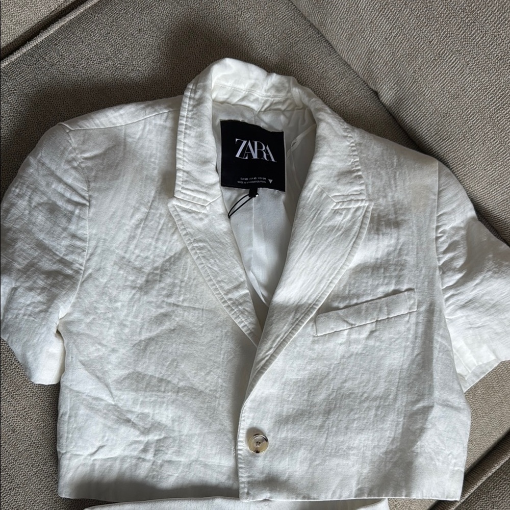 Zara White Cropped Short-Sleeve Blazer